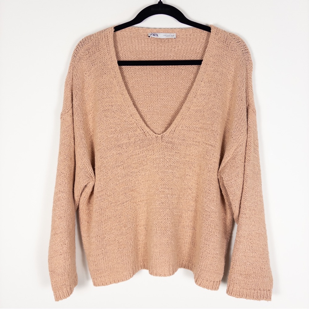 Zara Blush Pink Open Knit Loose Fit V Neck Sweater